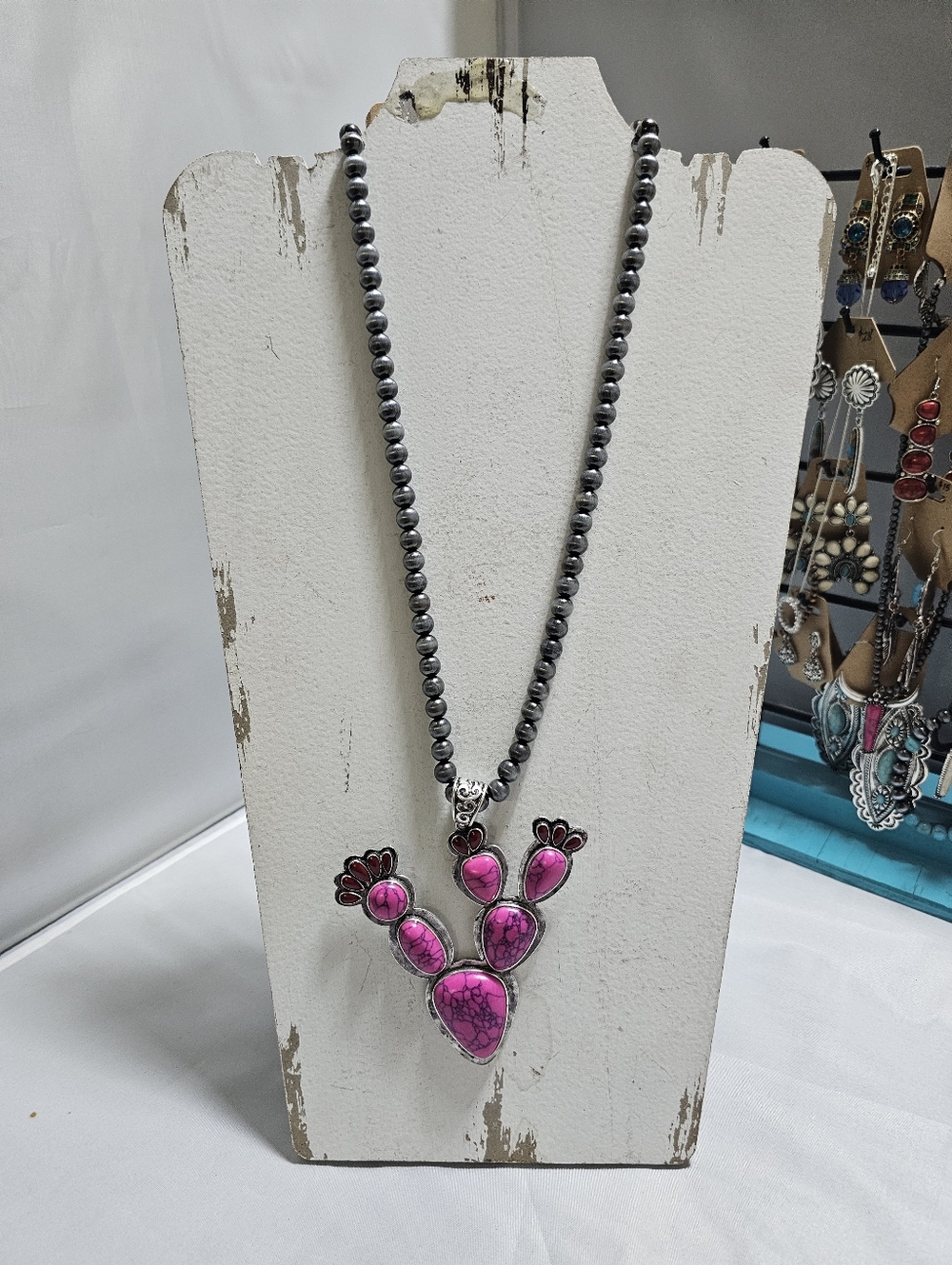 Native Inspired Bright Pink Stone Cactus Pendant Necklace - Women Jewelry
